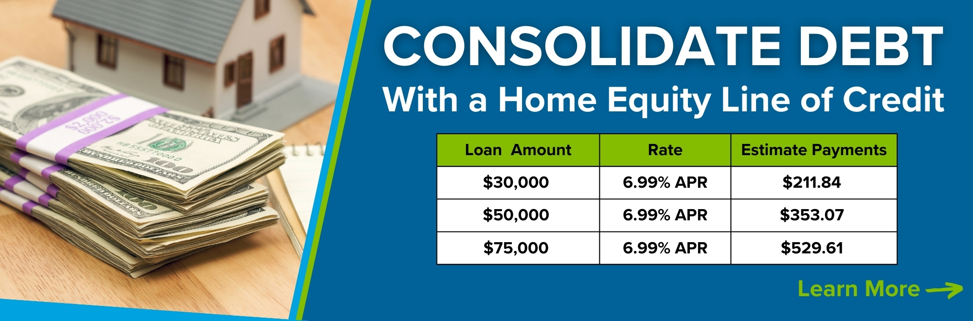 Consolidate debt with a home equity line of credit with fixed rates as low as 6.99% APR. Restrictions apply.