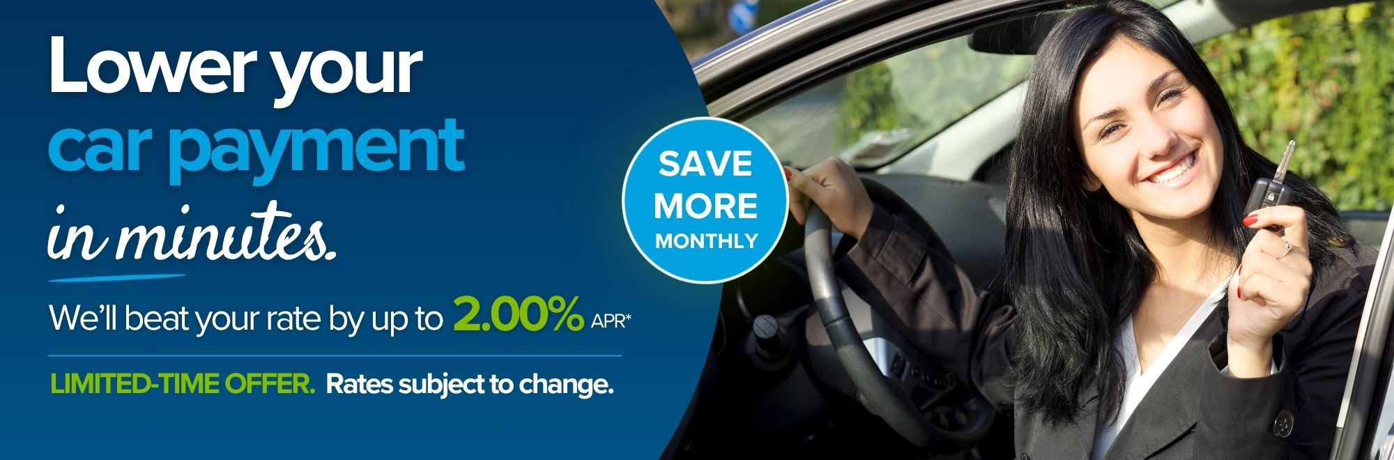Banner ad promoting lower car payments in minutes, offering to beat your rate by up to 2.00% APR, with a smiling woman holding car keys inside a vehicle.