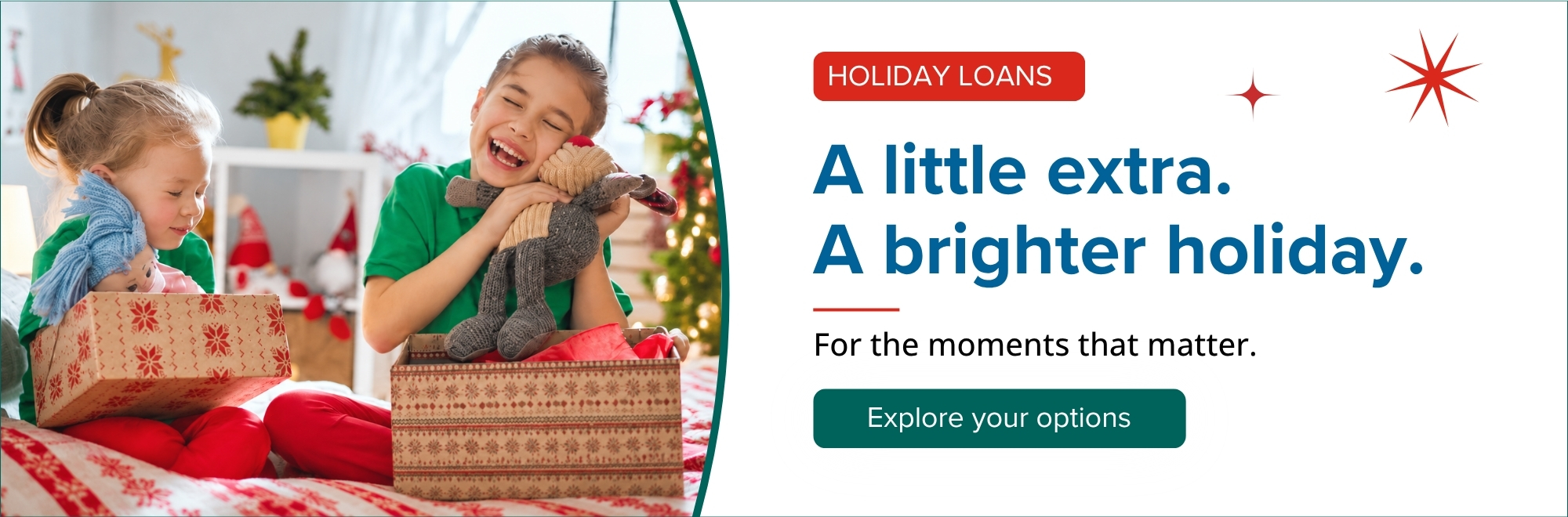 Holiday loans. A little extra. A brighter holiday showing two little girls opening presents